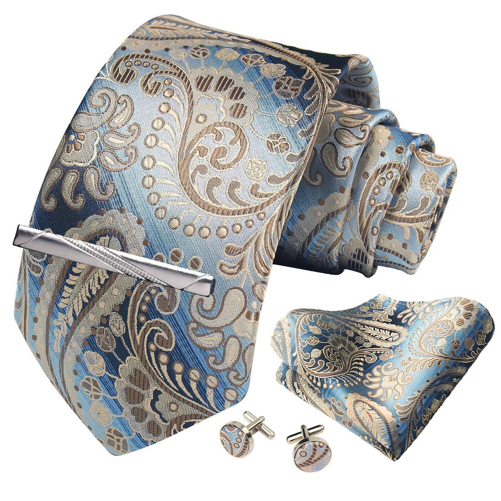 6336 Paisley Beige Blue Tie Formal Necktie Pocket Squares Ties Clips